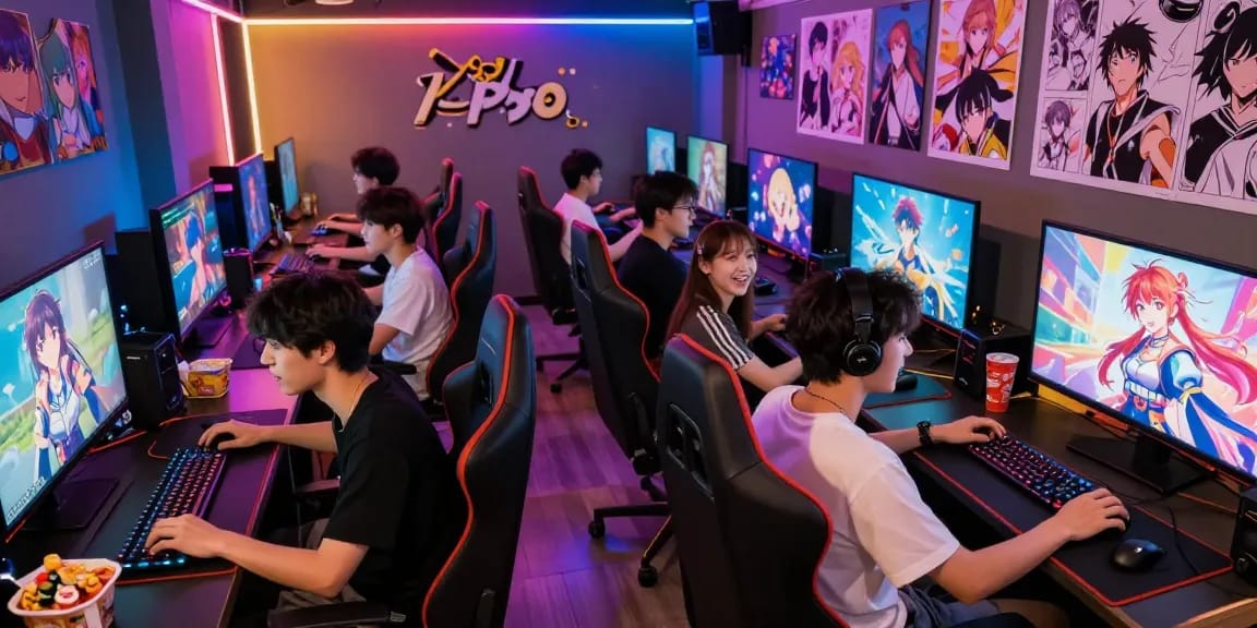 Group enjoying engaging hentai games in a colorful gaming lounge.