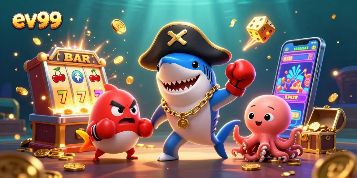 Join the fun at ev99 with cartoon characters celebrating casino wins amidst a vibrant gaming scene.