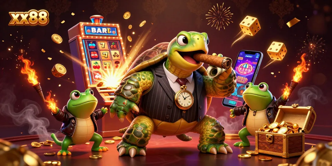 Experience the thrill of xx88 with a lively 3D casino scene showcasing a cartoon snapping turtle and bullfrog enforcers.