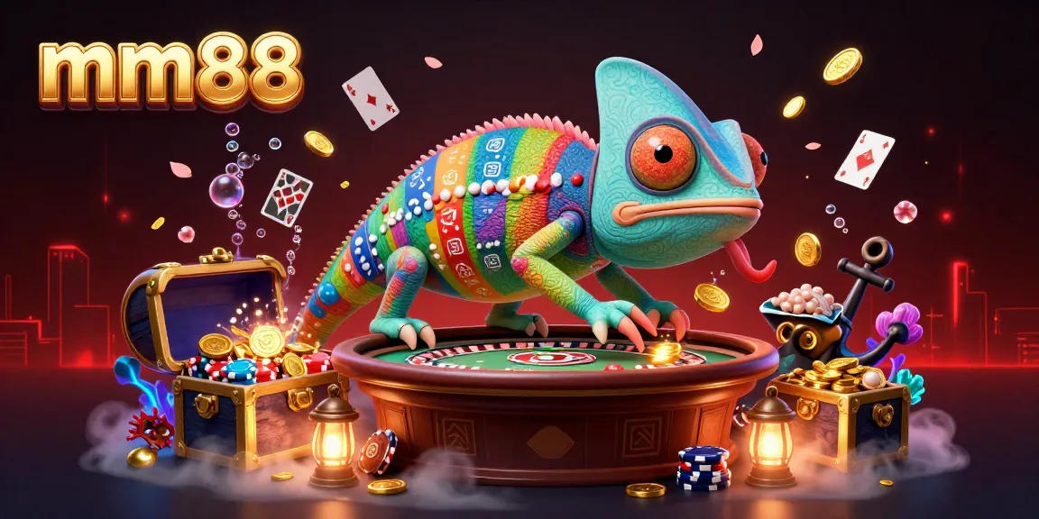 Engage with vibrant mm88 casino action featuring a colorful chameleon owner amidst dynamic game elements.
