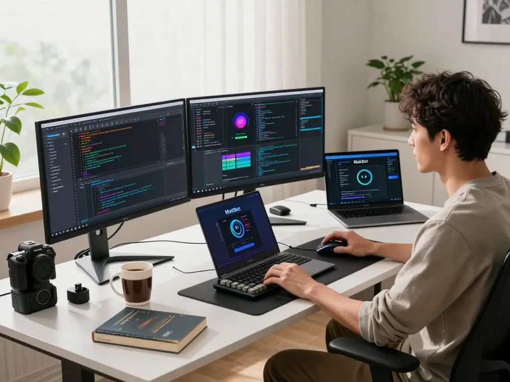 Setting up MoltBot on a Mac in a high-tech workspace with coding screens and a modern atmosphere.