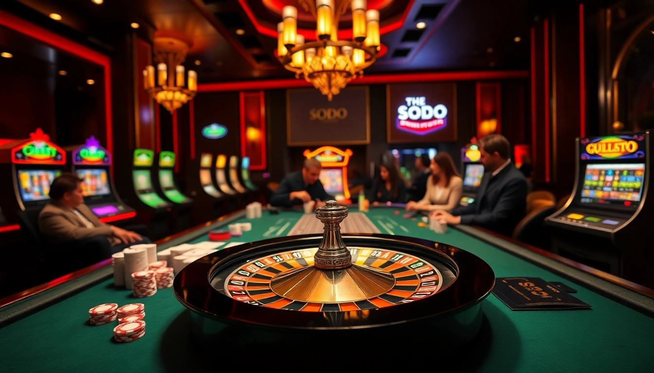 SODO casino scene featuring vibrant poker tables and slot machines filled with excitement.