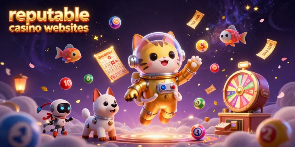 Engage with reputable casino websites in this vibrant 3D scene featuring a space cat, a robot dog, and dynamic casino elements.