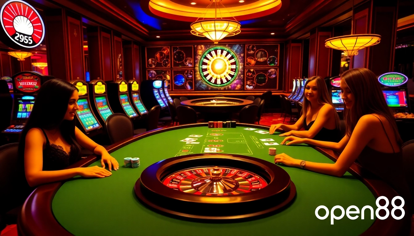 Players enjoy engaging gambling moments at open88's vibrant casino tables and slot machines.