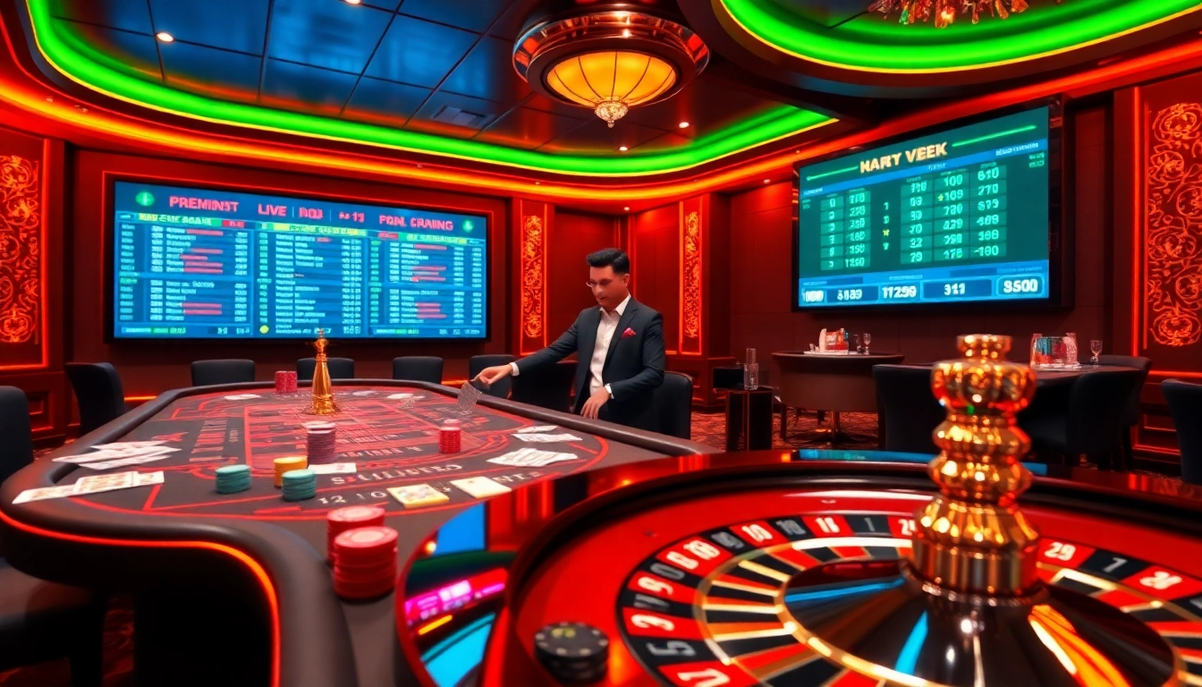 Experience high-stakes gaming at Nhà Cái VB88 with an elegant casino setup featuring vibrant tables and action.
