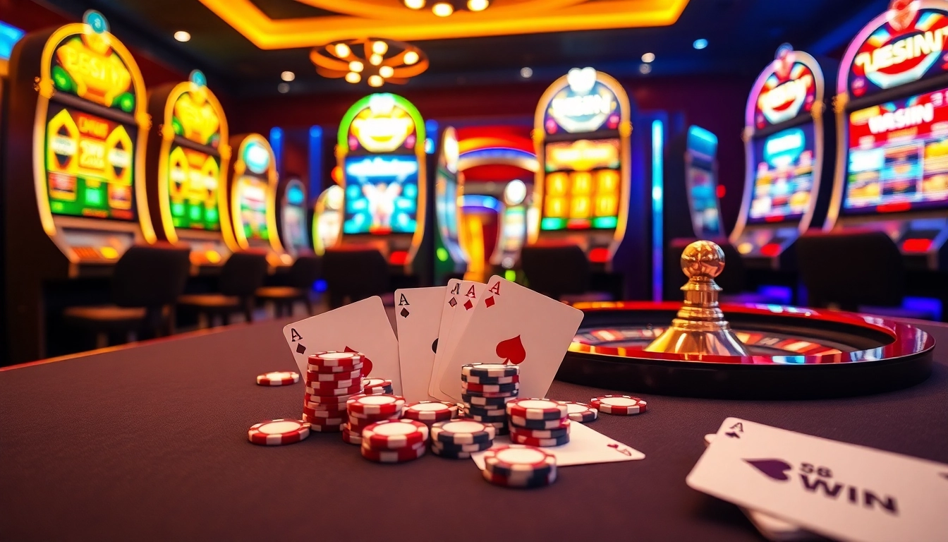 Experience the thrill of 58WIN with an elegant online casino scene featuring poker chips and vibrant slot machines.