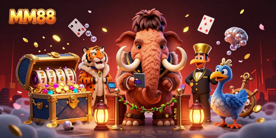 Experience excitement at MM88 with a vibrant casino scene featuring diverse characters and thrilling game elements.
