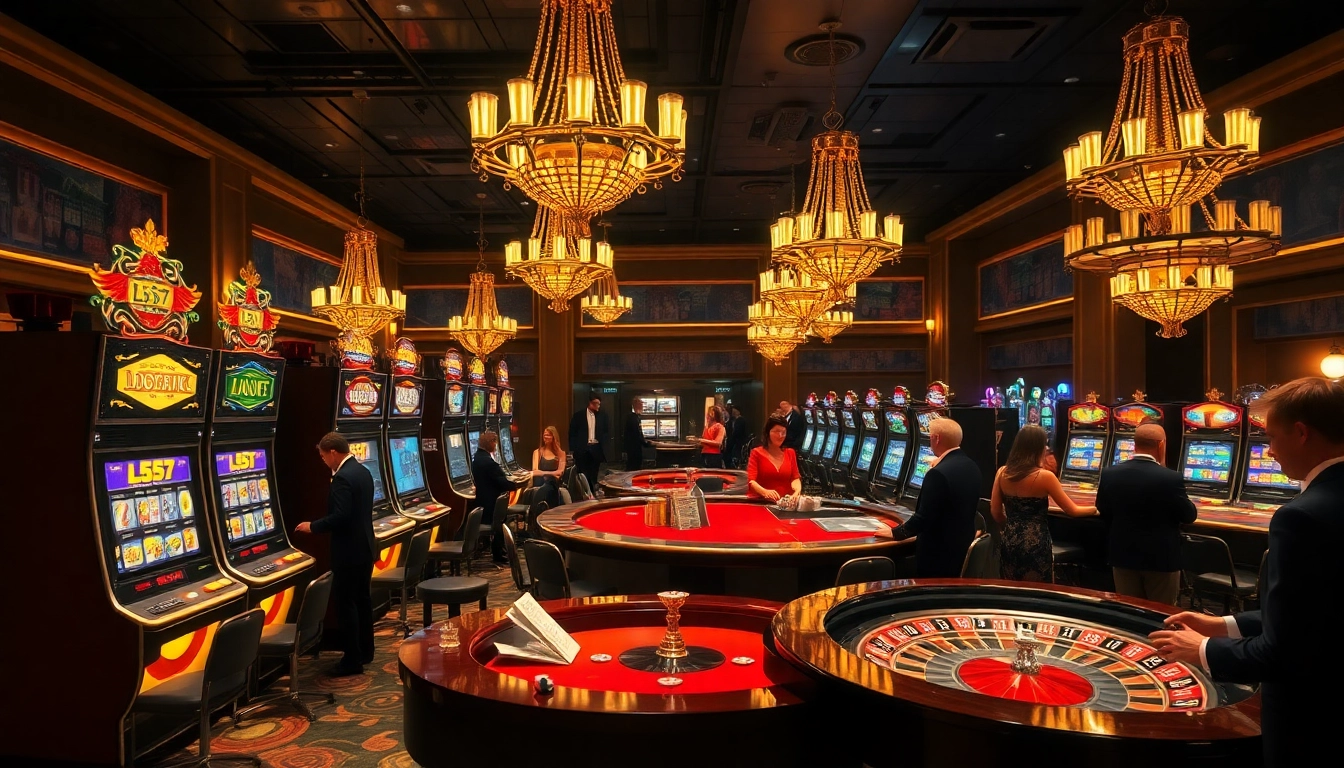 L567 slot machines and vibrant casino tables create an exciting gambling atmosphere.