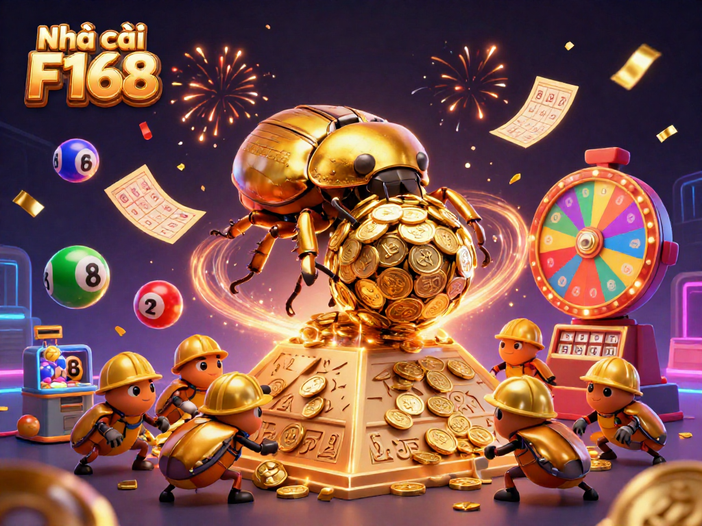 Engaging visual of Nhà cái F168 with a golden beetle rolling coins amid lottery elements and casino vibes.