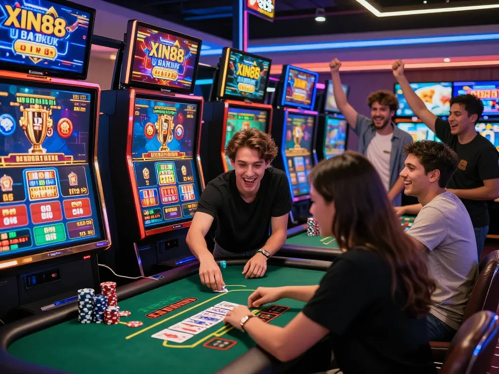 Engaging online gaming scene at XIN88, featuring diverse players enjoying various games in a vibrant digital casino atmosphere.