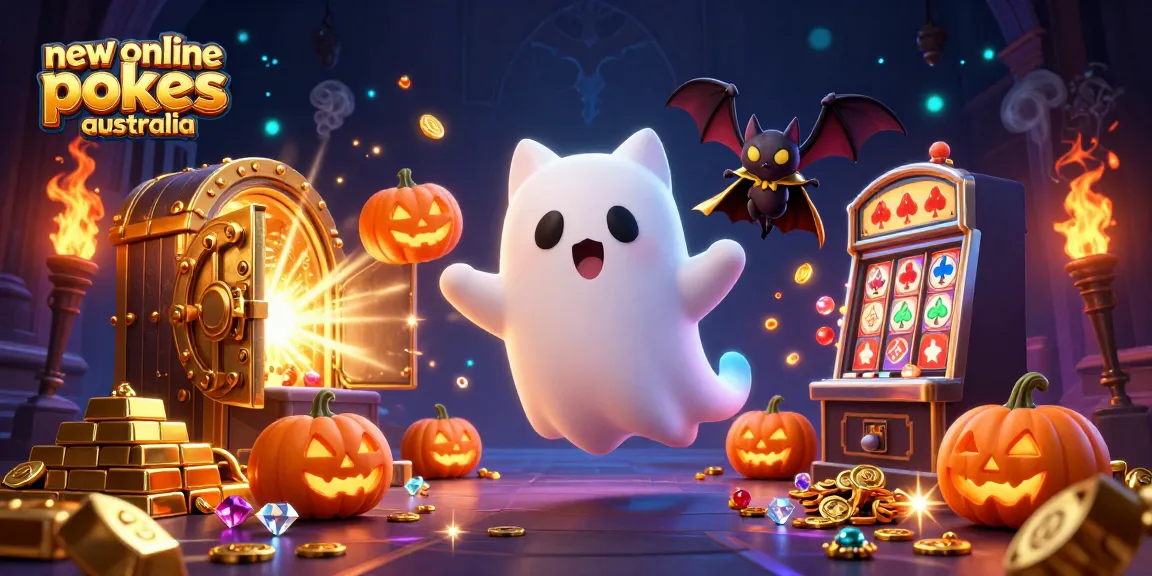 Spin new online pokies Australia in a vibrant 3D scene with glowing jack-o-lanterns and sparkling treasures.