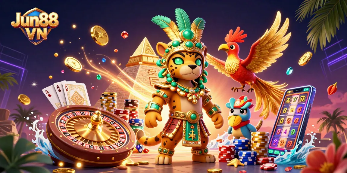 Experience thrilling gaming at Jun88 VN with vibrant casino elements and iconic characters.