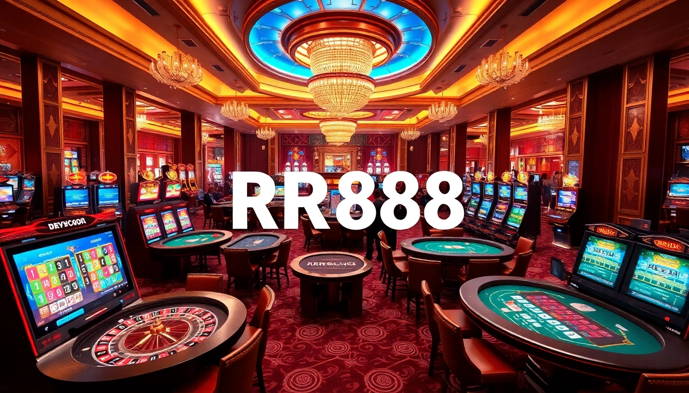 Experience thrilling games at RR888 casino, with vibrant tables and exciting slot machines illuminating the scene.