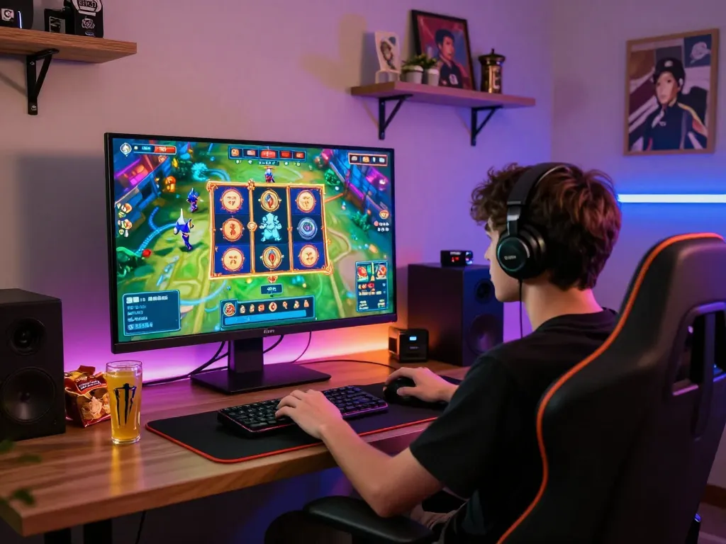 Engaged player exploring Sunwin gaming options, showcasing vibrant gameplay and a cozy gaming environment.