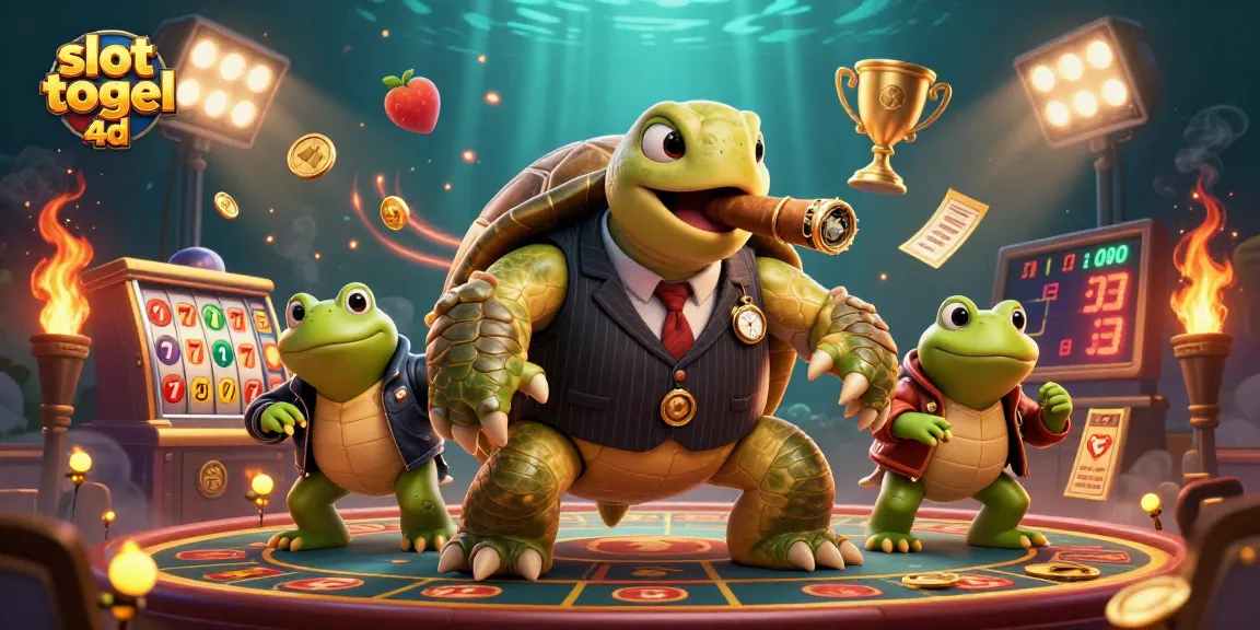 Experience thrilling slot togel 4d action with a lively 3D turtle and bullfrogs in a vibrant casino scene.