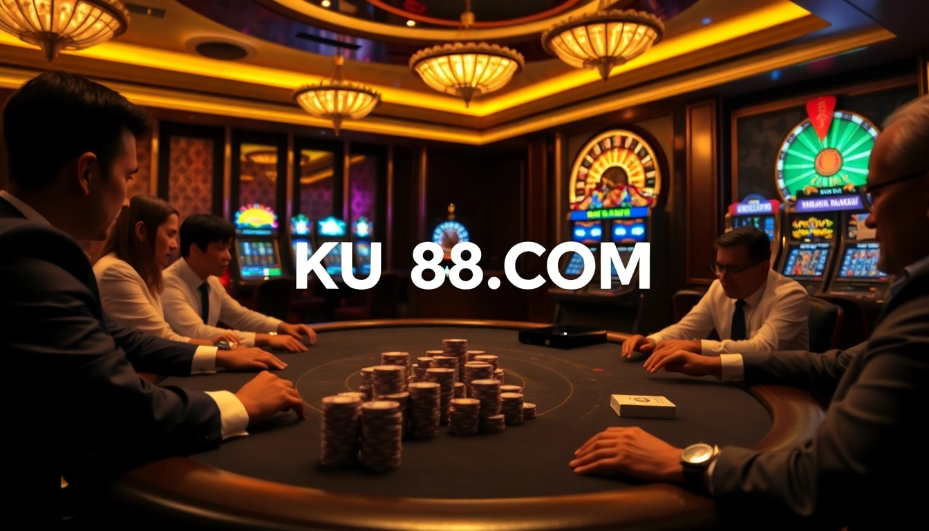Immerse in the thrill of gaming at KU88.COM, showcasing a high-stakes poker table with vibrant casino elements.
