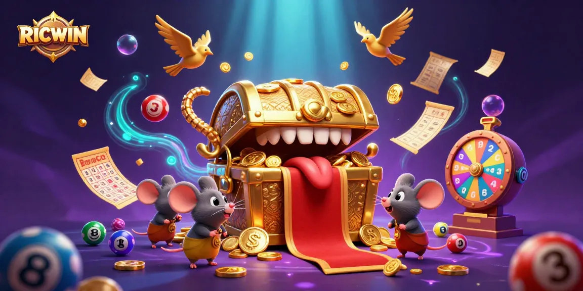 Play and win big with RICWIN in a vibrant, action-packed casino scene.