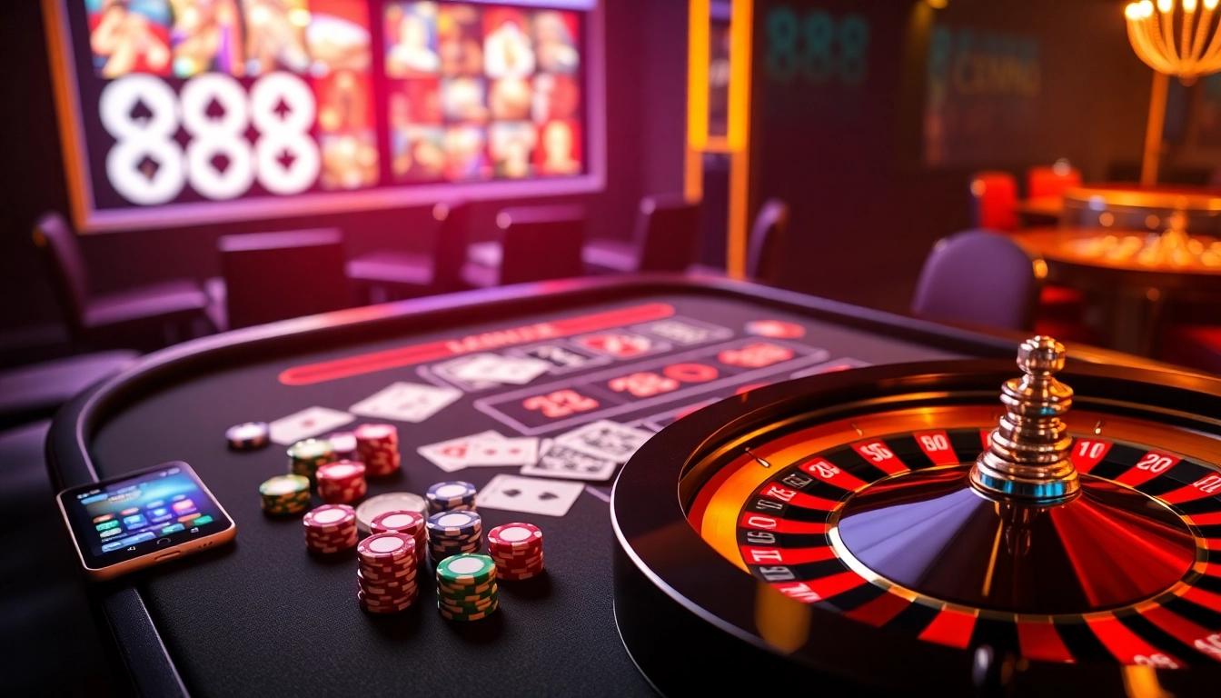 Experience the excitement of 888NEW with a vibrant casino scene featuring tables and online gaming interfaces.