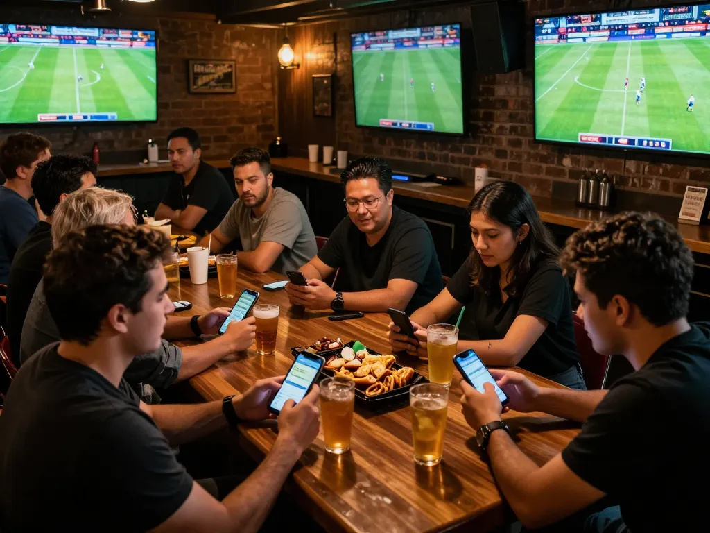 Fans analyzing kèo nhà cái while cheering for their teams in a lively sports bar setting.