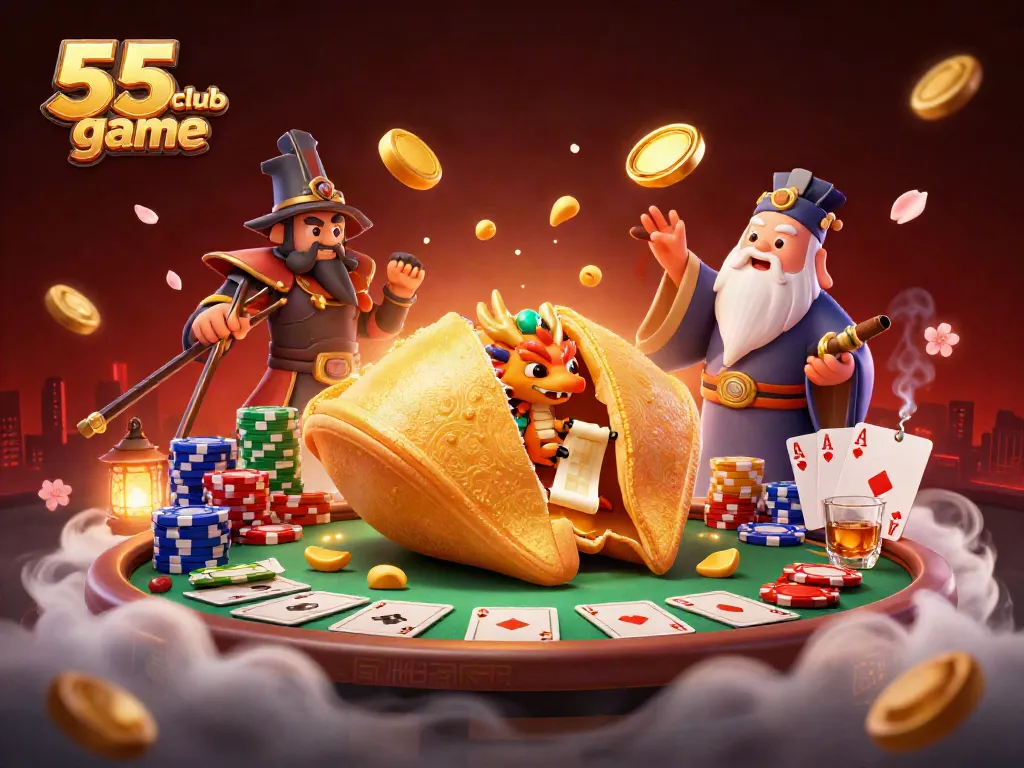 Engage with dynamic 55 club game scene featuring fortune cookie and poker elements.