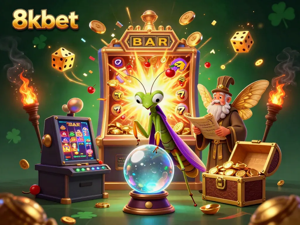 Experience the excitement at 8xbet with a vibrant casino scene featuring fortune tellers and jackpots.