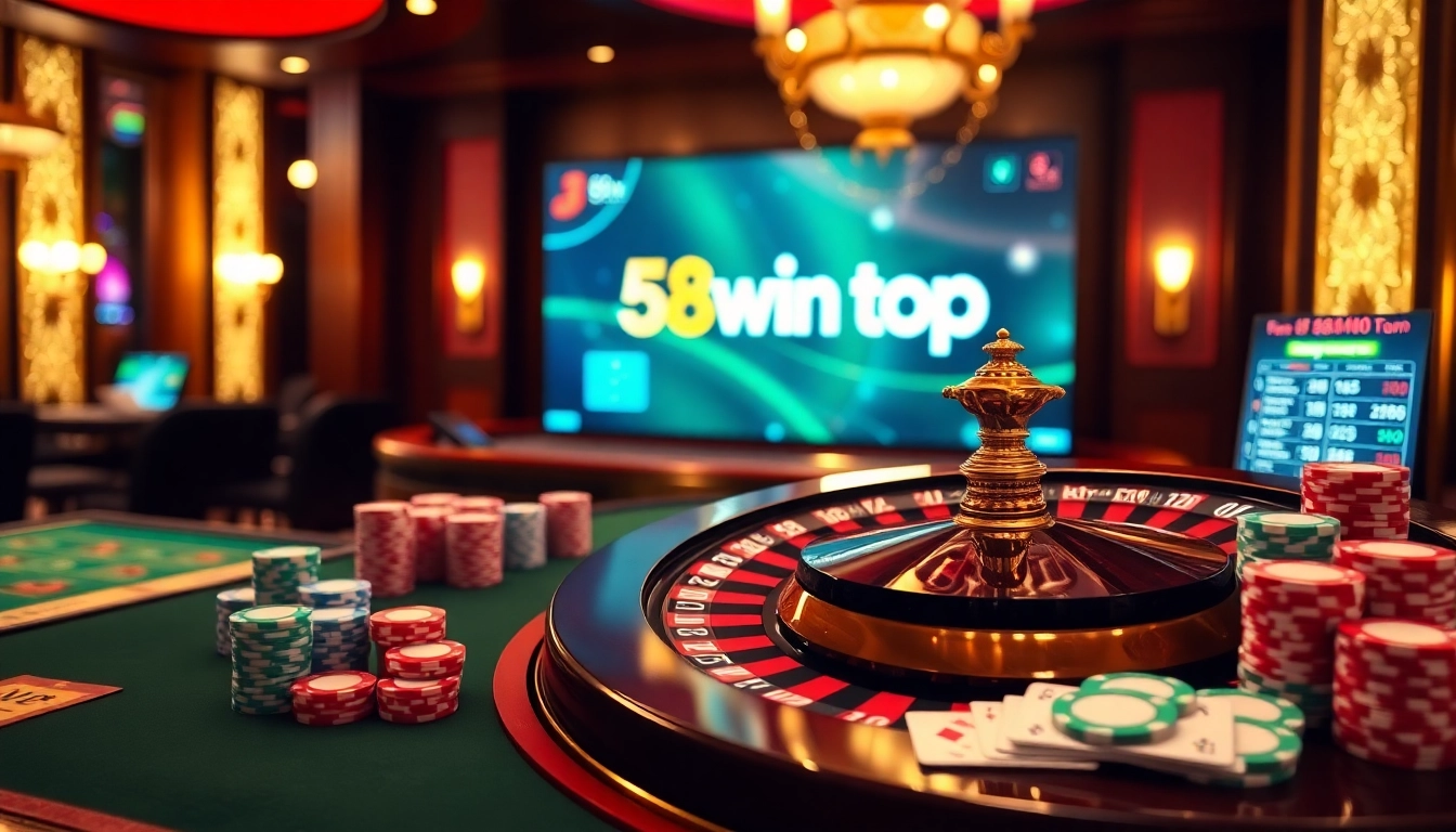 Engaging gambling scene featuring 58win top with roulette wheel, poker chips, and vibrant casino ambiance.