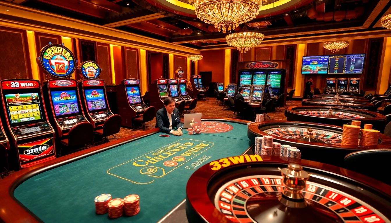 Experience luxury gaming at 33win with vibrant slot machines and roulette wheels.