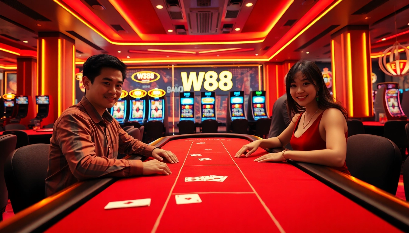 Vibrant online gaming scene representing w88.nyc with Baccarat and Blackjack tables.