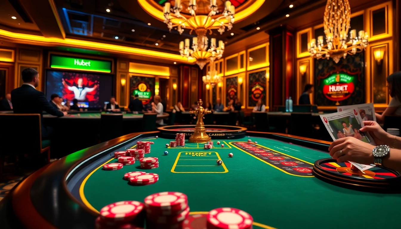 Experience the thrill of Hubet with a vibrant casino scene showcasing poker chips and roulette.