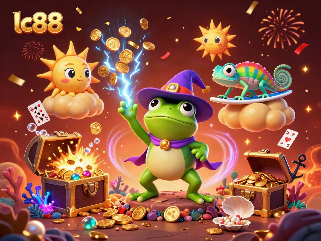 Experience the enchanting lc88 world with golden coins, vibrant characters, and festive atmosphere in this casino-themed illustration.