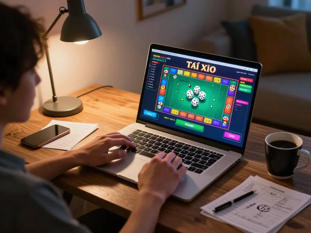 Player engaging in Tài Xỉu Online game on laptop, showcasing strategy and interaction for taixiuonlinego.
