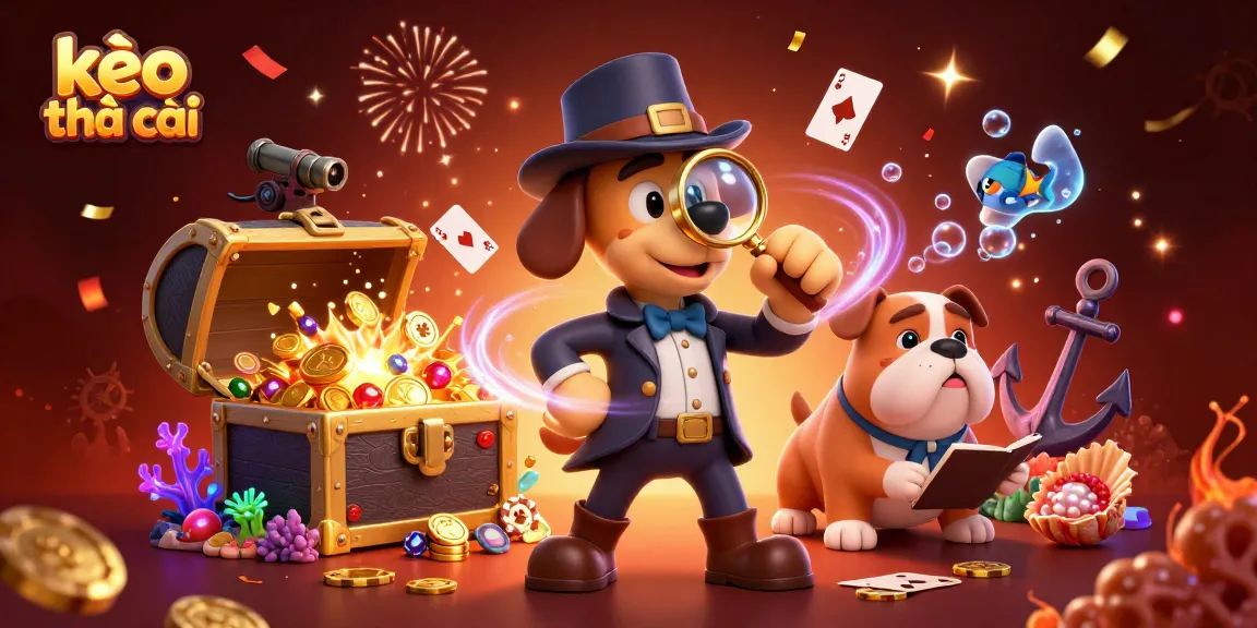 Bet on kèo nhà cái with detective characters examining poker clues among treasures.