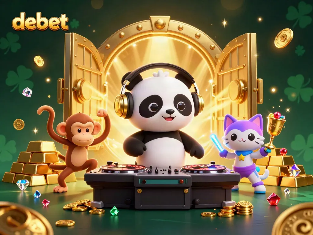 Engage in thrilling gameplay with Debet in a colorful, dynamic casino scene featuring vibrant characters and glowing treasures.
