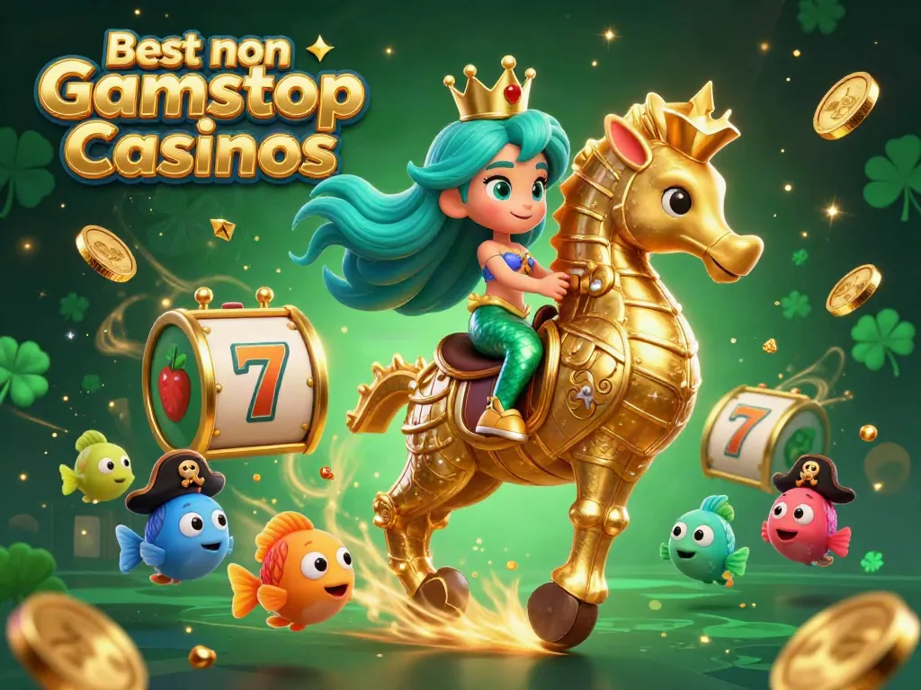 Experience the excitement of the Best non Gamstop Casinos with a vibrant 3D digital illustration of a mermaid and seahorse.