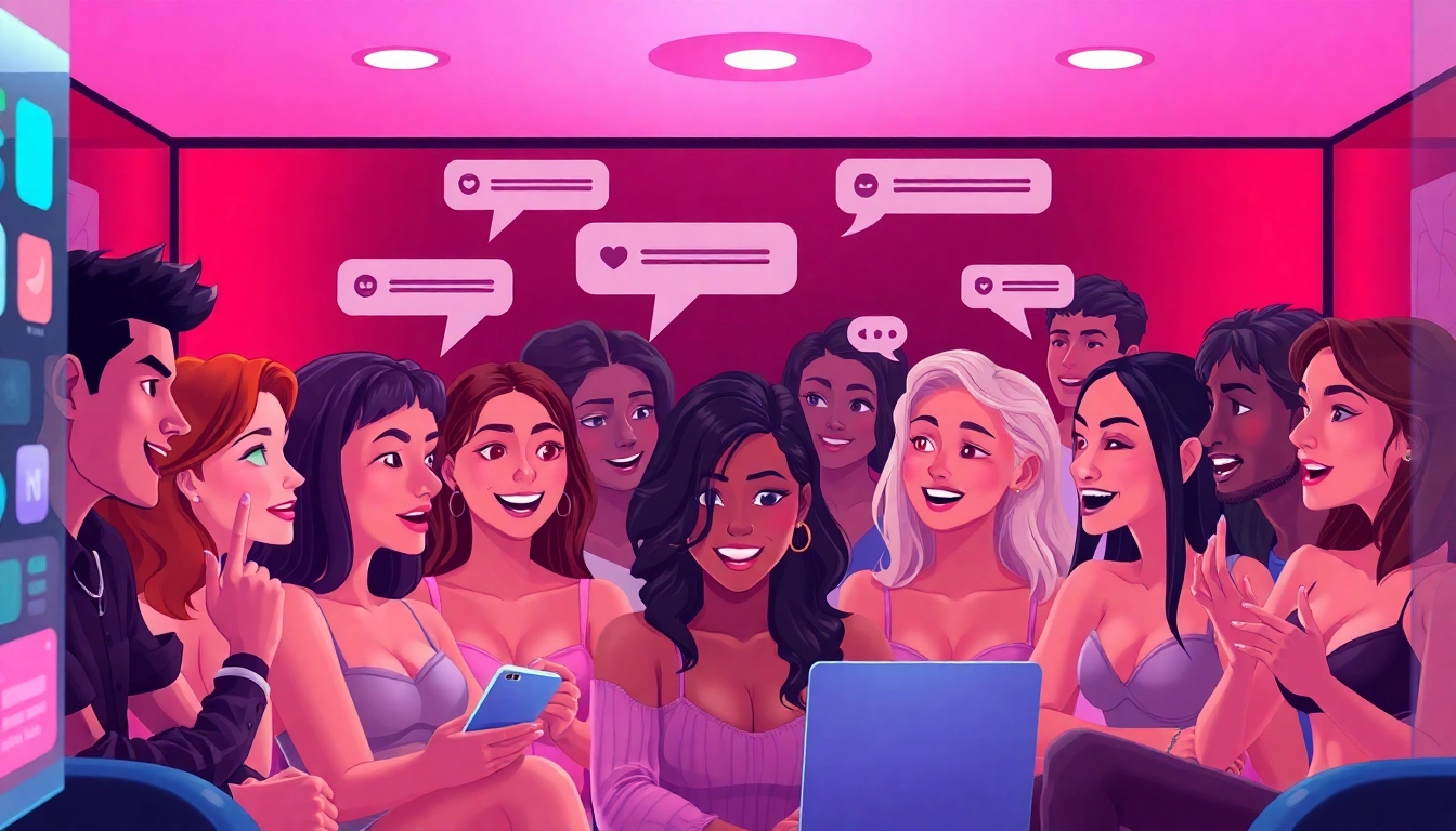 Dynamic scene of engaging ai nsfw chat with diverse avatars in an immersive digital environment.