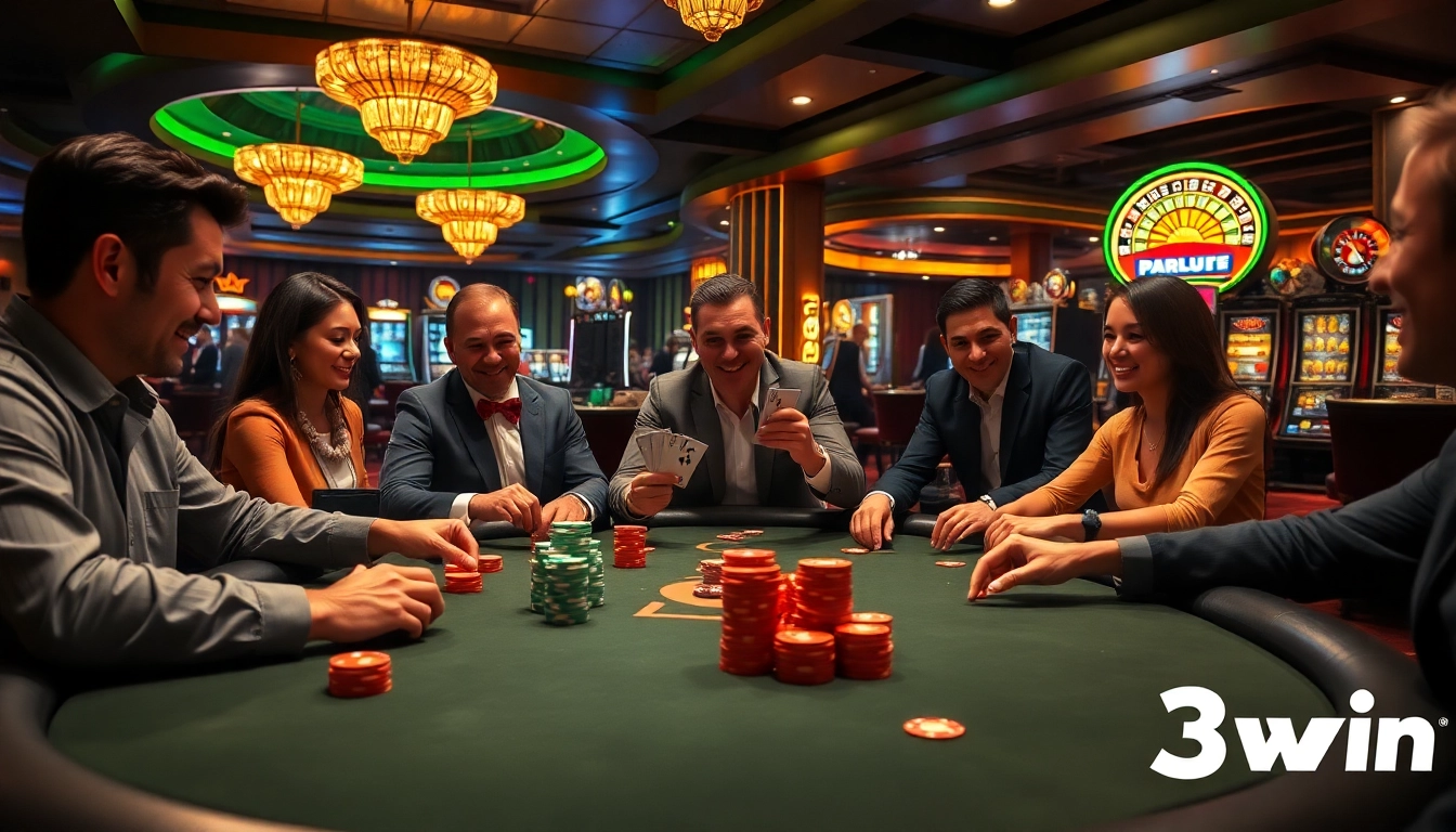 3win players enjoying a thrilling casino experience at a polished poker table with vibrant lights.