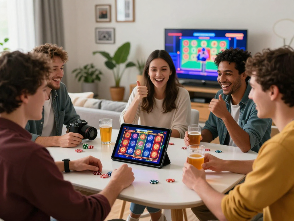 Group enjoying non GamStop casino sites in a cozy living room with colorful gaming graphics.