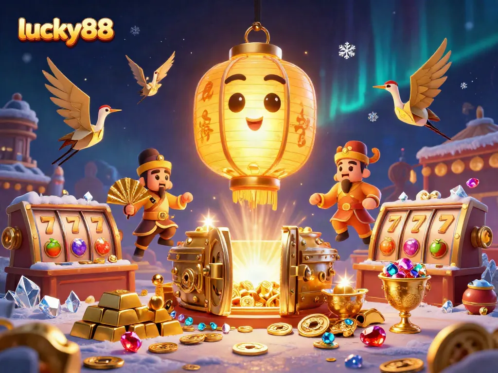 Spin the reels of lucky88 in a vibrant casino scene featuring golden lanterns, treasures, and dynamic gameplay elements.
