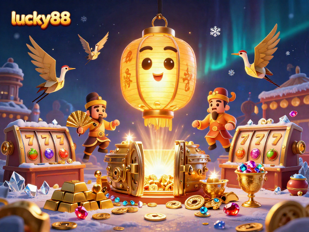 Spin the reels of lucky88 in a vibrant casino scene featuring golden lanterns, treasures, and dynamic gameplay elements.