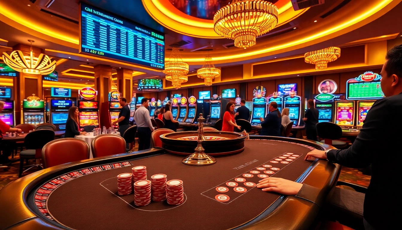 Link vào jbo - Engaging casino environment showcasing a vibrant poker table and roulette wheel.