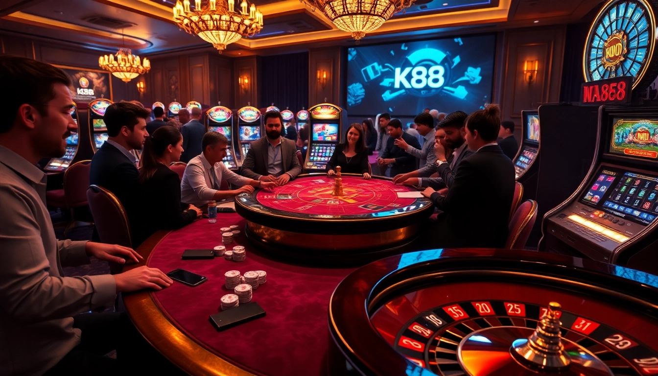 KP88's lively casino with luxurious gaming tables and excited players celebrating wins.
