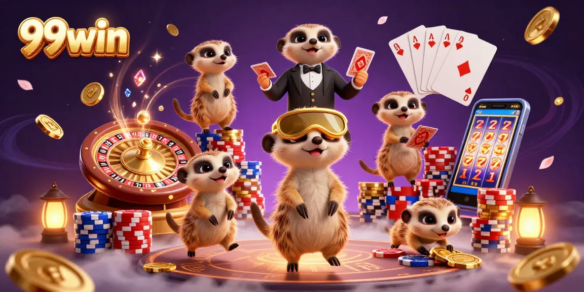 Experience excitement at 99win with lively meerkats running a vibrant casino scene.