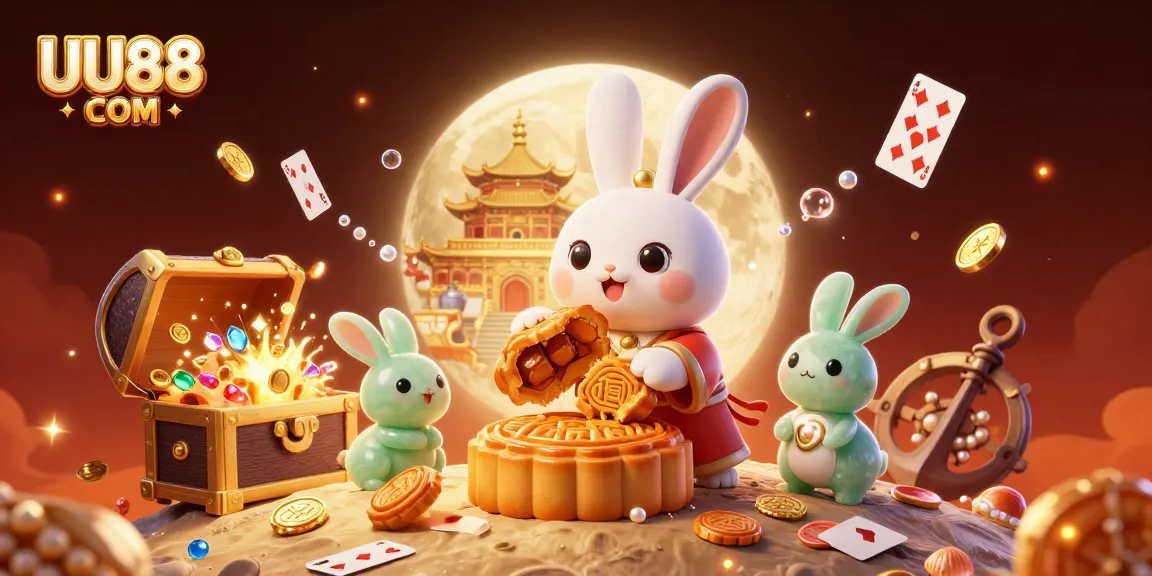 Experience thrilling gaming at UU88 COM with vibrant moon rabbits and poker chip treasures.