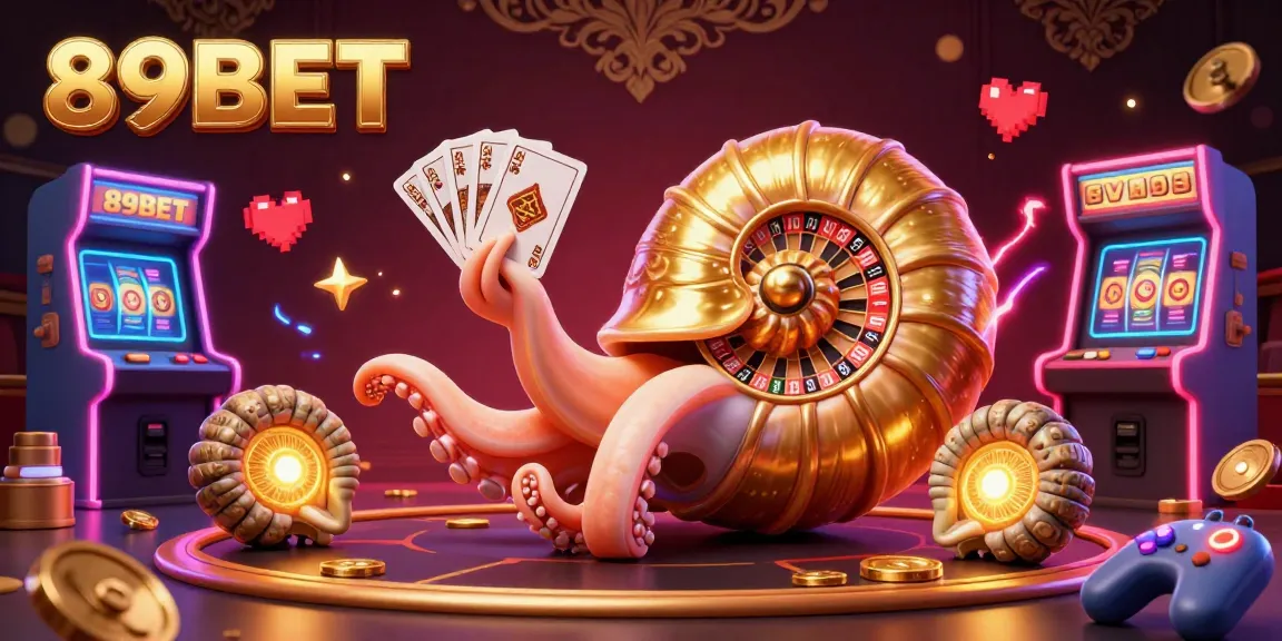 Experience thrilling adventures with 89BET as the ancient nautilus plays cards amidst vibrant casino elements.