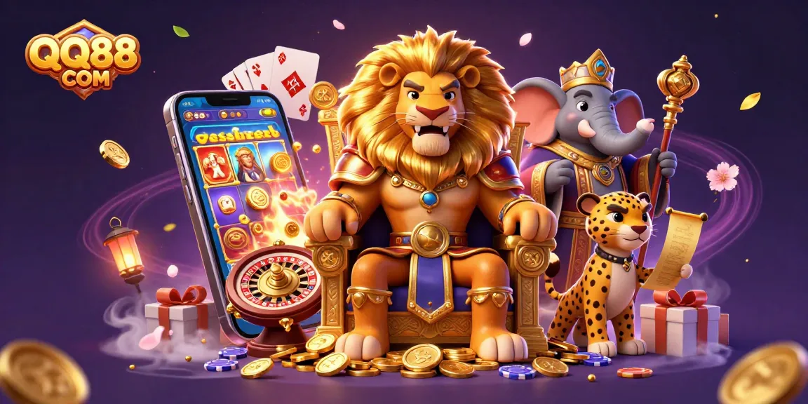 Engage with QQ88 COM inside a vibrant, thrilling casino scene featuring character interactions and casino elements.