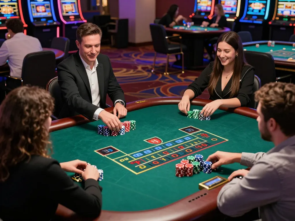 Players engaging in a live dealer game at 88clbgo casino, showcasing an exciting atmosphere with colorful chips.