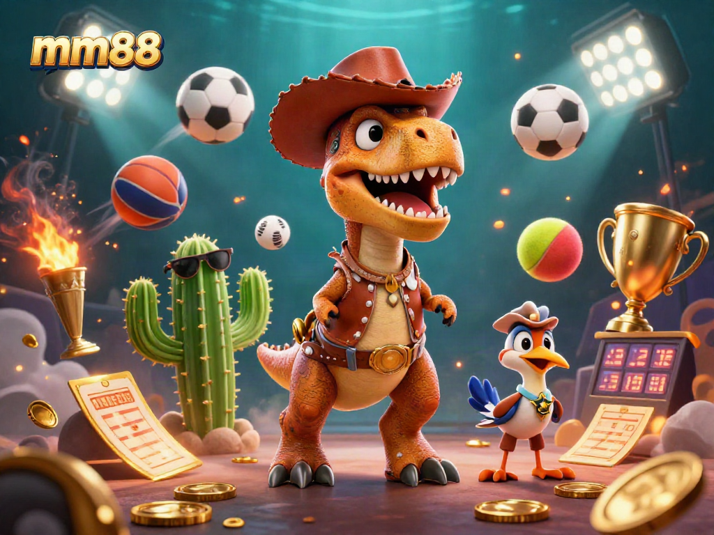 Experience thrilling gameplay at mm88 with a cartoon cowboy dinosaur T-Rex betting on sports.
