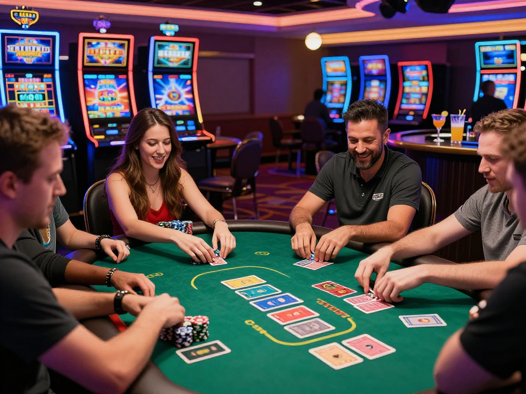 Excited UK players at a vibrant USA casino, enjoying gameplay at the poker table, highlighting the appeal of https://aboutobo.com