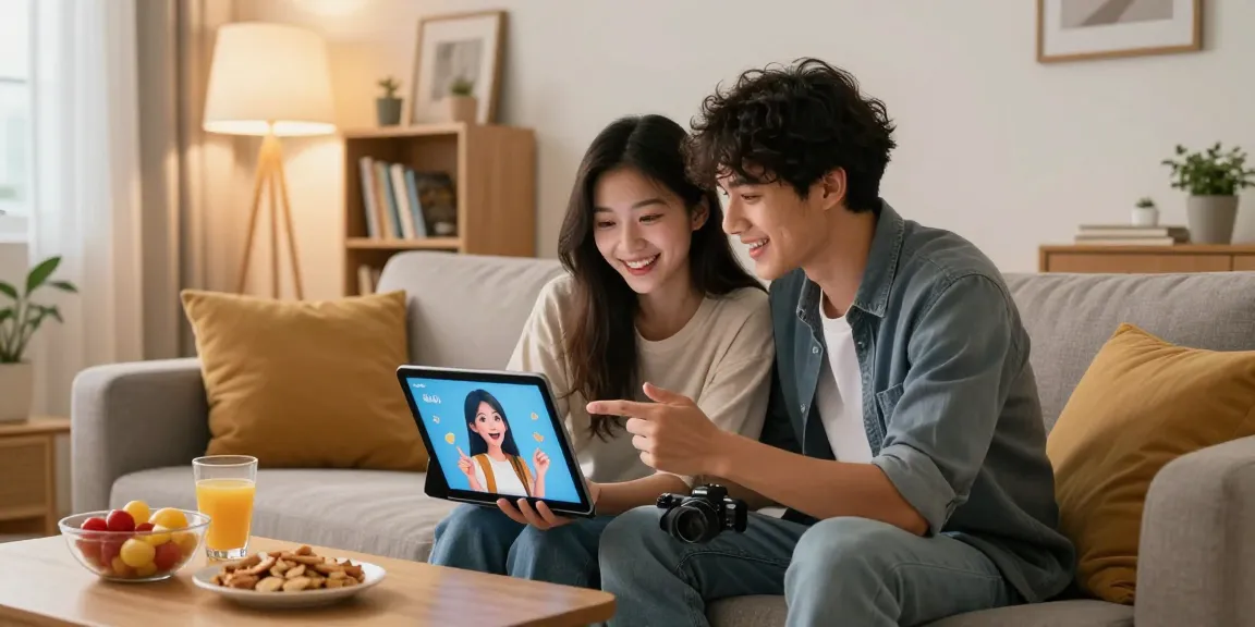 A young couple engaging with their AI girlfriend on a tablet in a cozy living room.