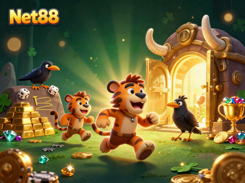 Net88 thrills with a prehistoric casino scene featuring caveman characters, poker chips, and gems.